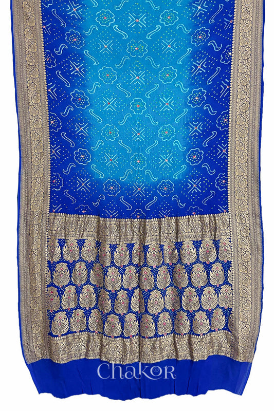 Chakor's traditional Peacock & Blue banarasi silk bandhej handloom saree with mirror embroidery 
