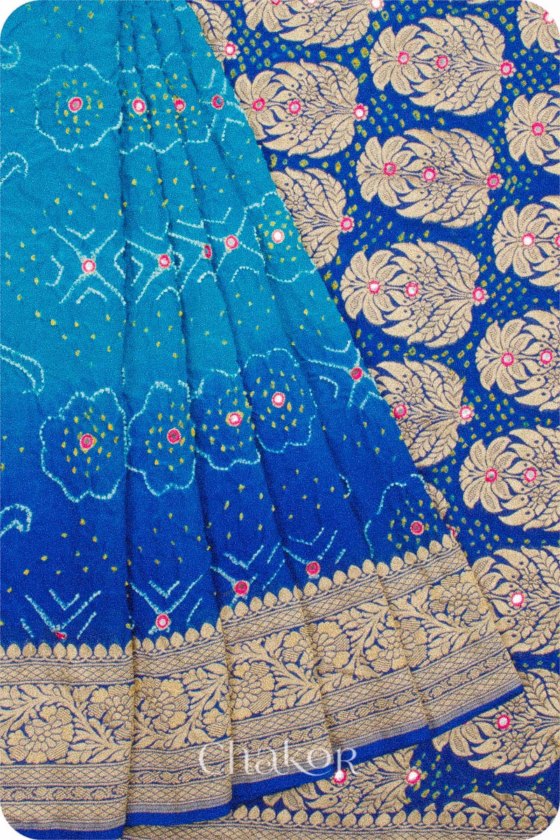 Chakor's traditional Peacock & Blue banarasi silk bandhej handloom saree with mirror embroidery 