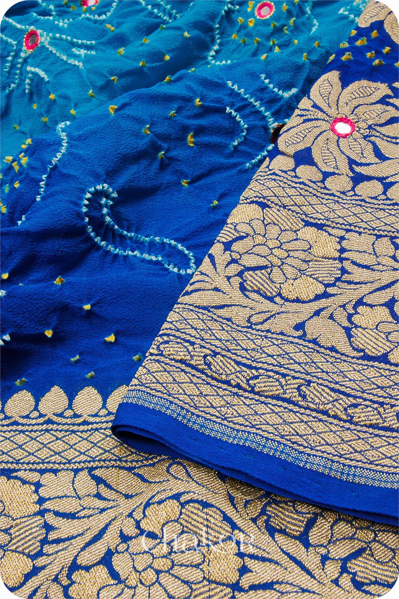 Chakor's traditional Peacock & Blue banarasi silk bandhej handloom saree with mirror embroidery - closeup