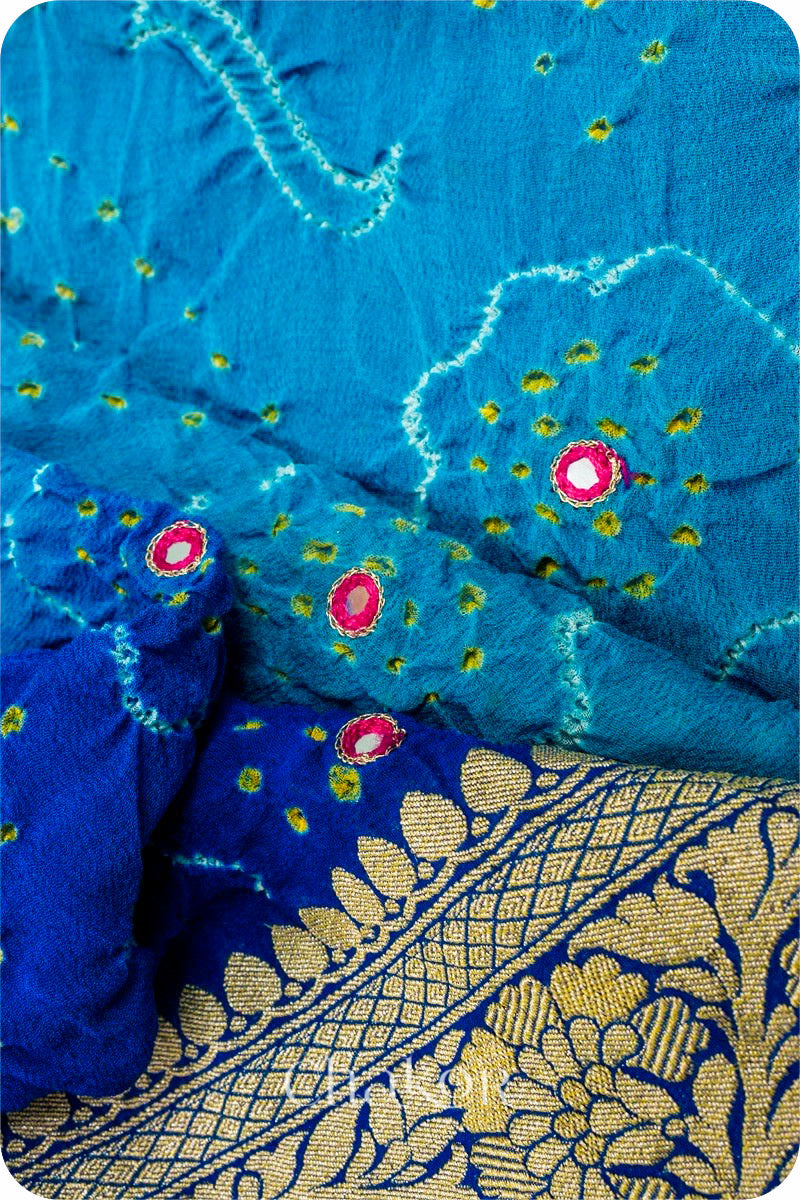 Chakor's traditional Peacock & Blue banarasi silk bandhej handloom saree with mirror embroidery - closeup