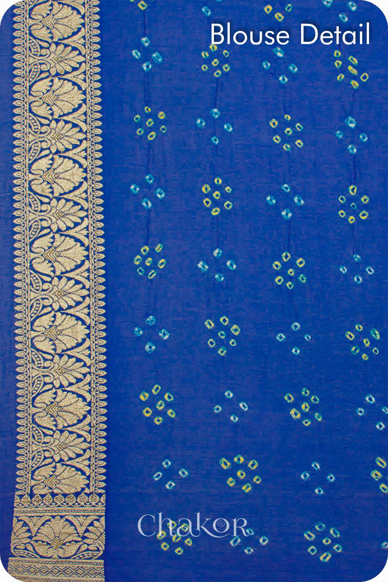 Chakor's traditional Peacock & Blue banarasi silk bandhej handloom saree with mirror embroidery - blouse detail