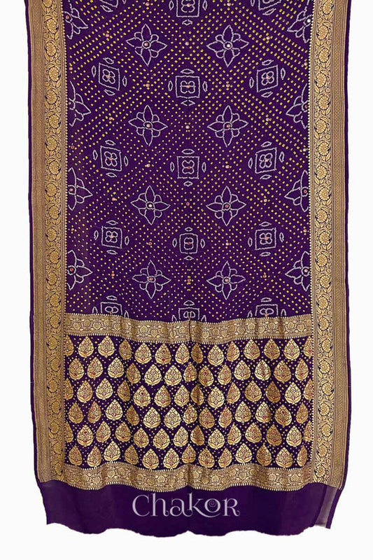 Chakor's traditional Purple banarasi silk bandhej handloom saree with mirror embroidery