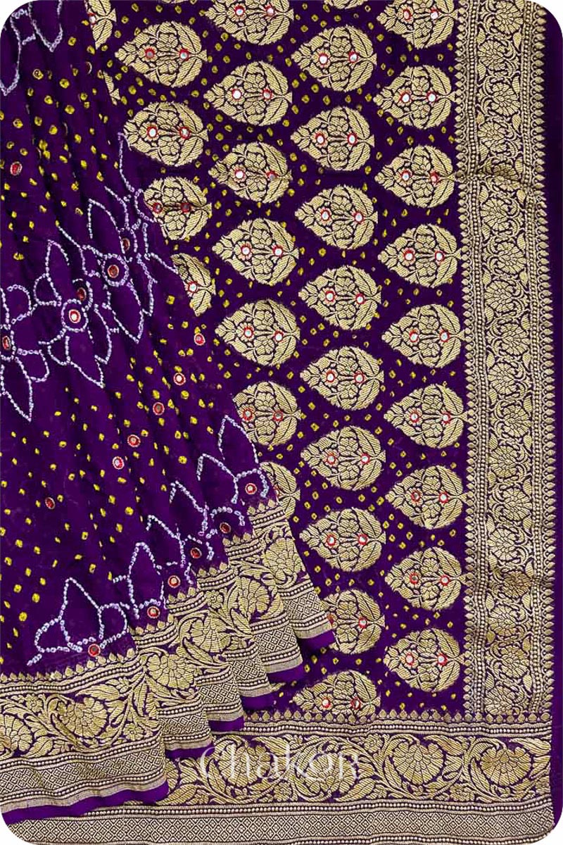 Chakor's traditional Purple banarasi silk bandhej handloom saree with mirror embroidery