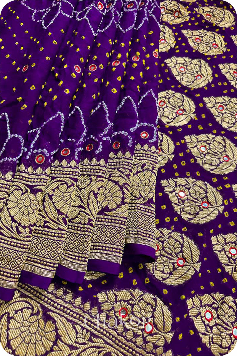 Chakor's traditional Purple banarasi silk bandhej handloom saree with mirror embroidery