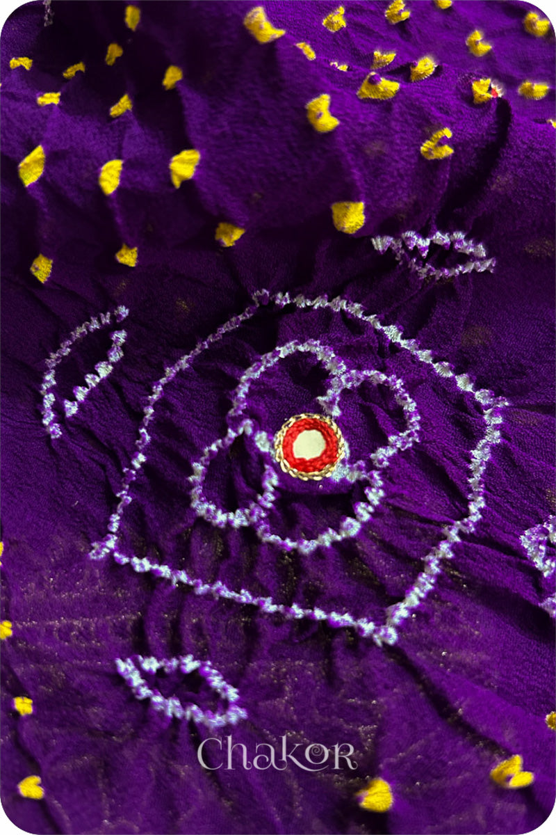 Chakor's traditional Purple banarasi silk bandhej handloom saree with mirror embroidery - closeup