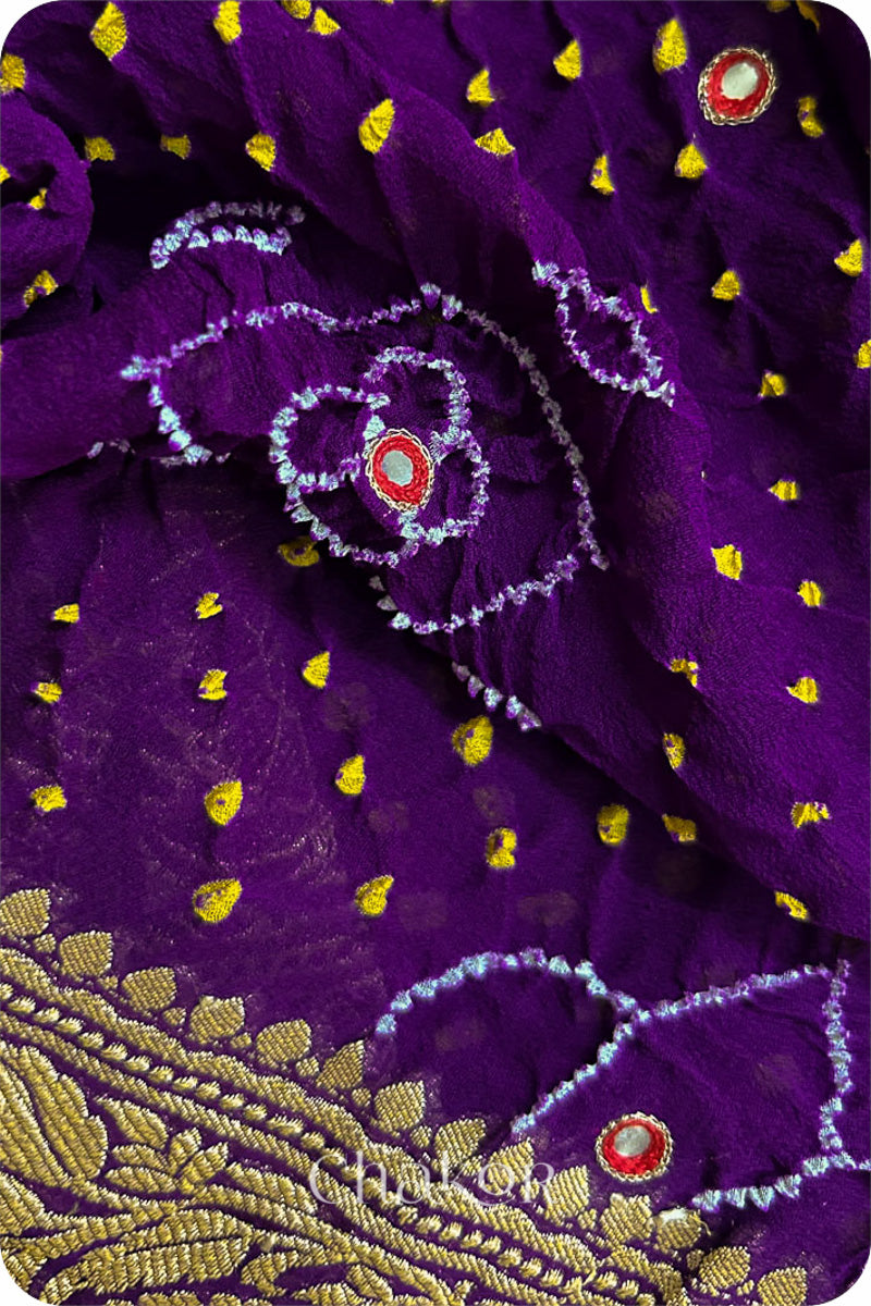 Chakor's traditional Purple banarasi silk bandhej handloom saree with mirror embroidery - closeup