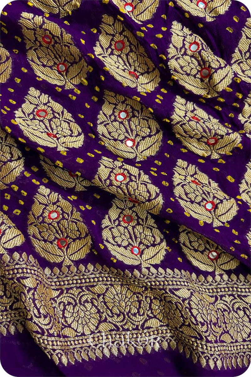 Chakor's traditional Purple banarasi silk bandhej handloom saree with mirror embroidery - pallu  closeup