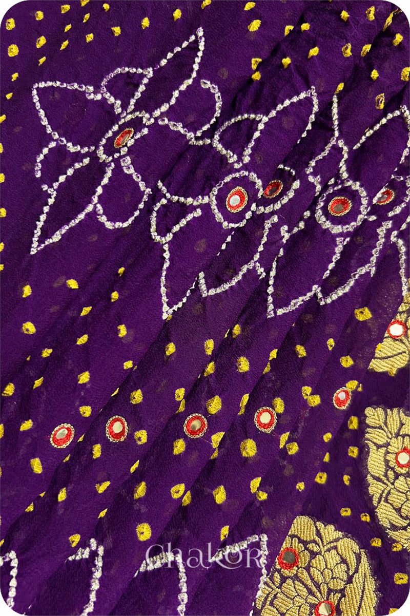 Chakor's traditional Purple banarasi silk bandhej handloom saree with mirror embroidery - pleated