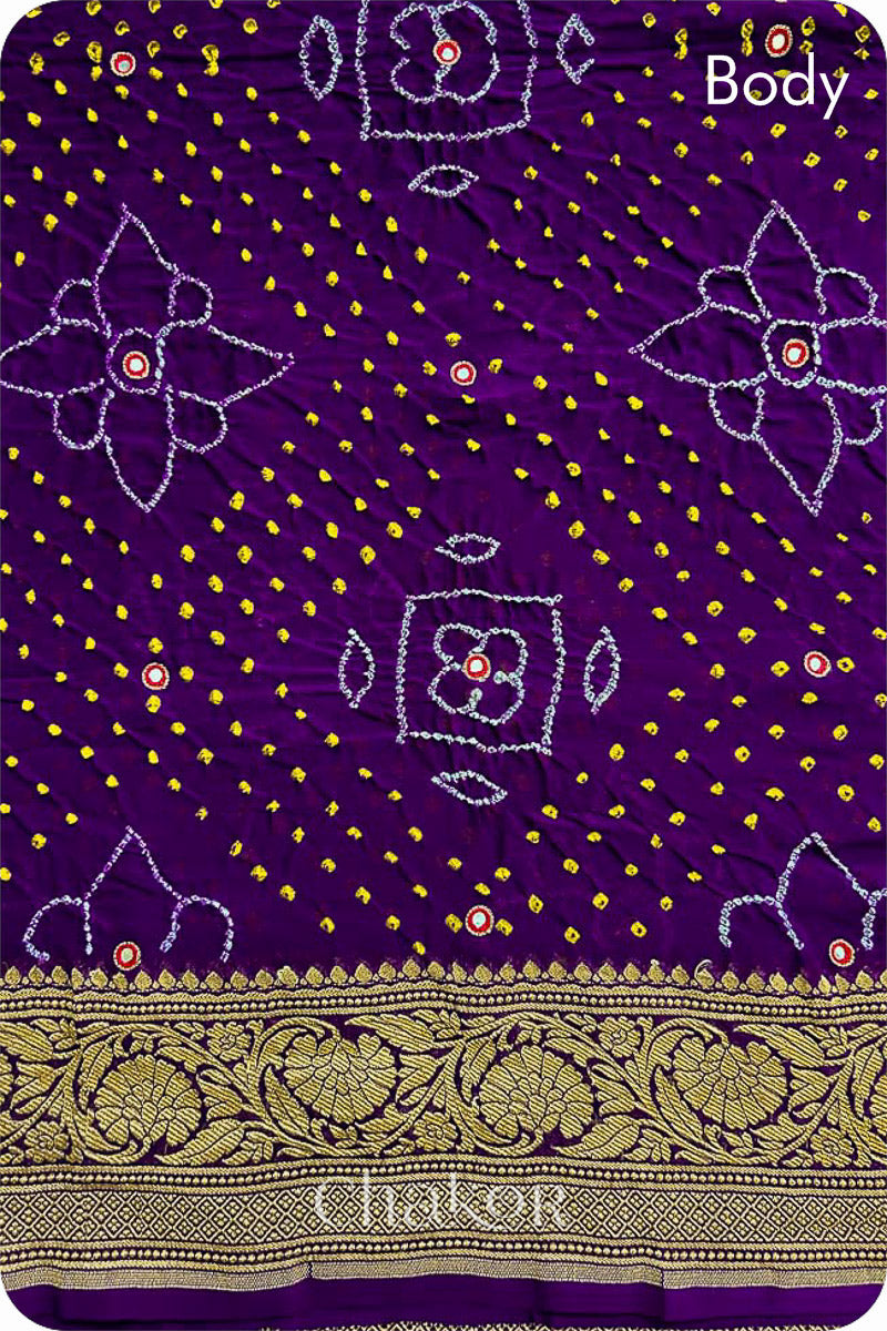 Chakor's traditional Purple banarasi silk bandhej handloom saree with mirror embroidery - body detail