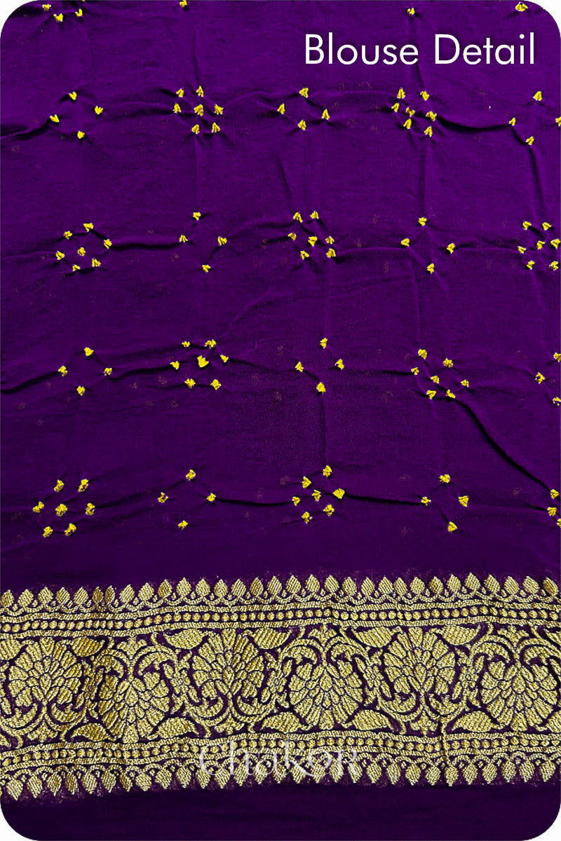 Chakor's traditional Purple banarasi silk bandhej handloom saree with mirror embroidery - blouse detail