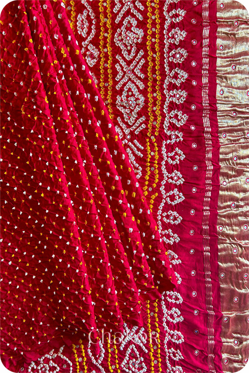 Chakor Red Traditional Bandhani Gaji Silk Saree.