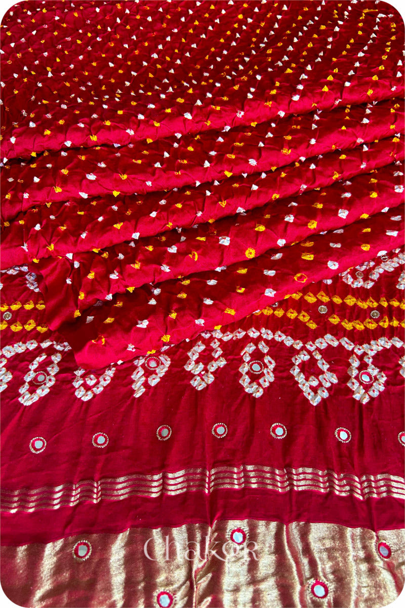 Chakor Red Traditional Bandhani Gaji Silk Saree.