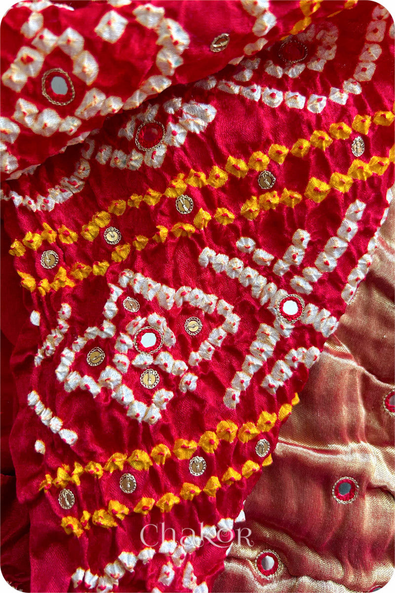 Chakor Red Traditional Bandhani Gaji Silk Saree.