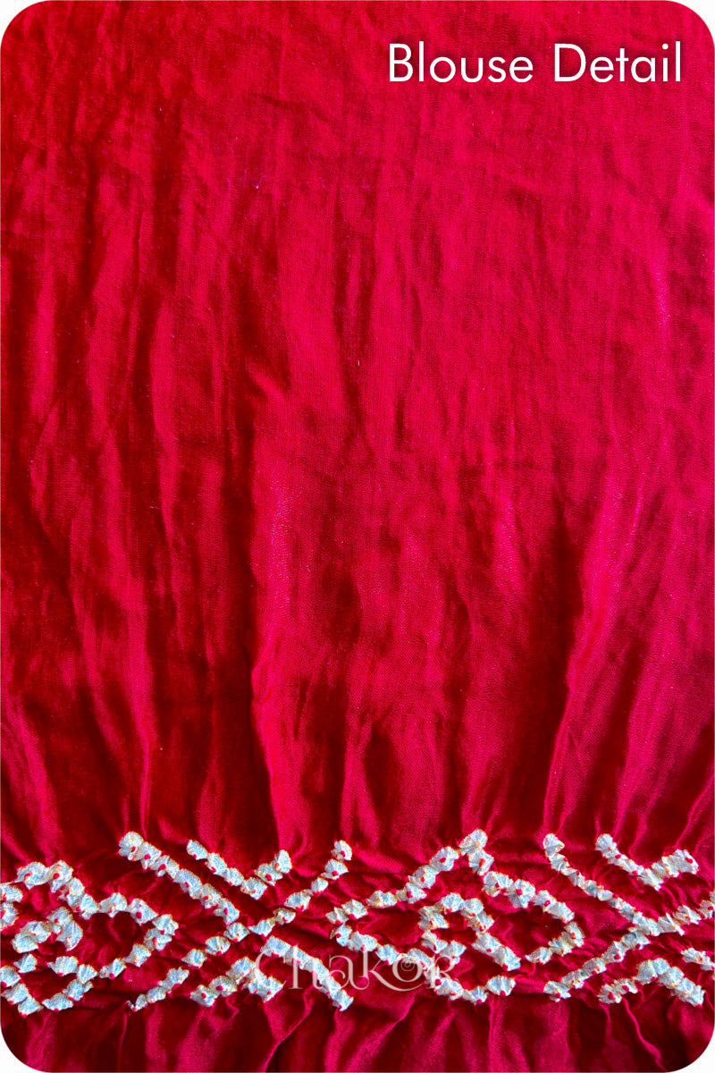 Chakor Red Traditional Bandhani Gaji Silk Saree Unstitched Blouse Detail