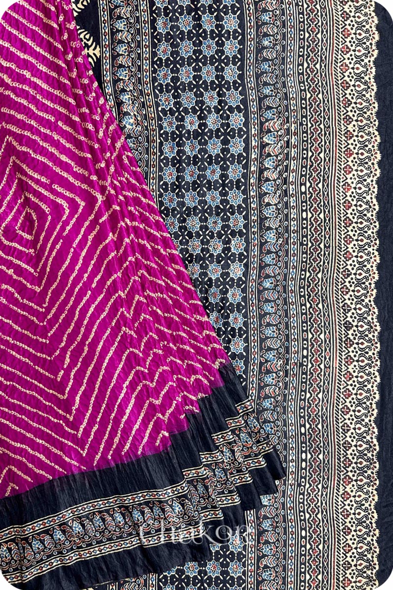 Magenta Black Bandhani Ajrakh Silk Saree