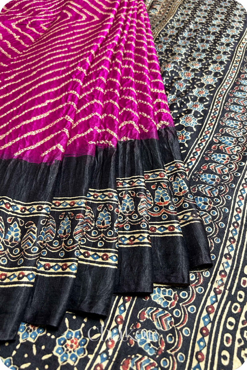 Magenta Black Bandhani Ajrakh Silk Saree