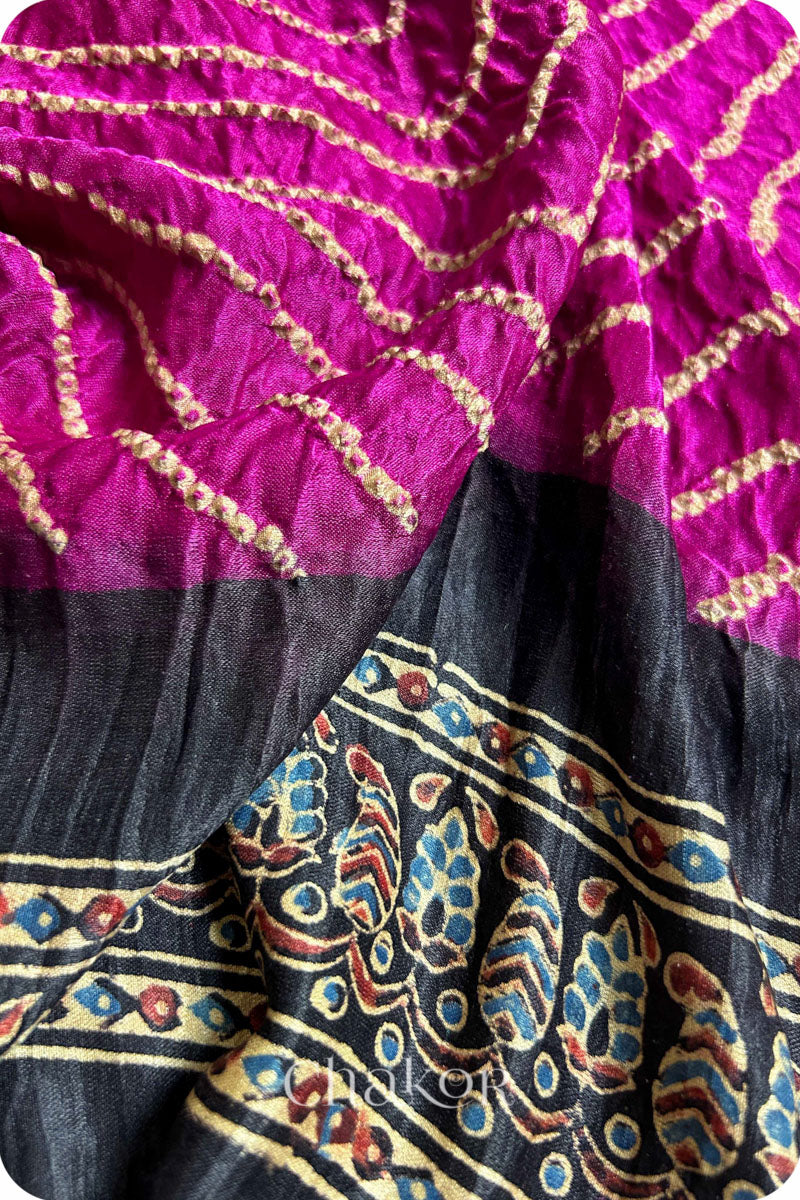 Magenta Black Bandhani Ajrakh Silk Saree