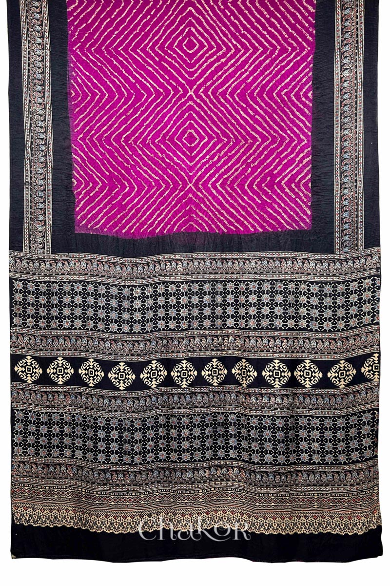 Magenta Black Bandhani Ajrakh Silk Saree