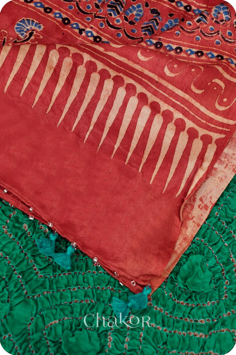 Jade Red andhani Ajrakh Gaji Silk Dupatta in Traditional Design for Women's ethnicwear online by Chakor.