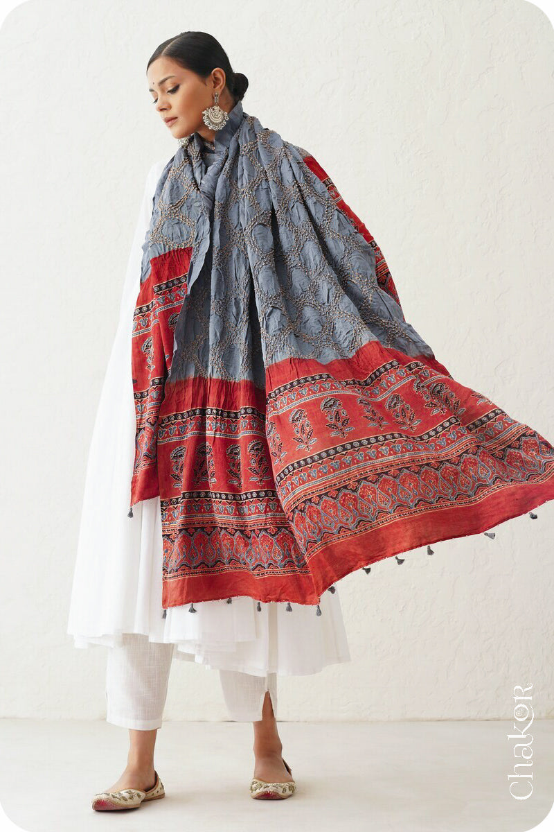 Grey Red Bandhani Ajrakh Gaji Silk Dupatta in Traditional Design for Women's ethnicwear online by Chakor.