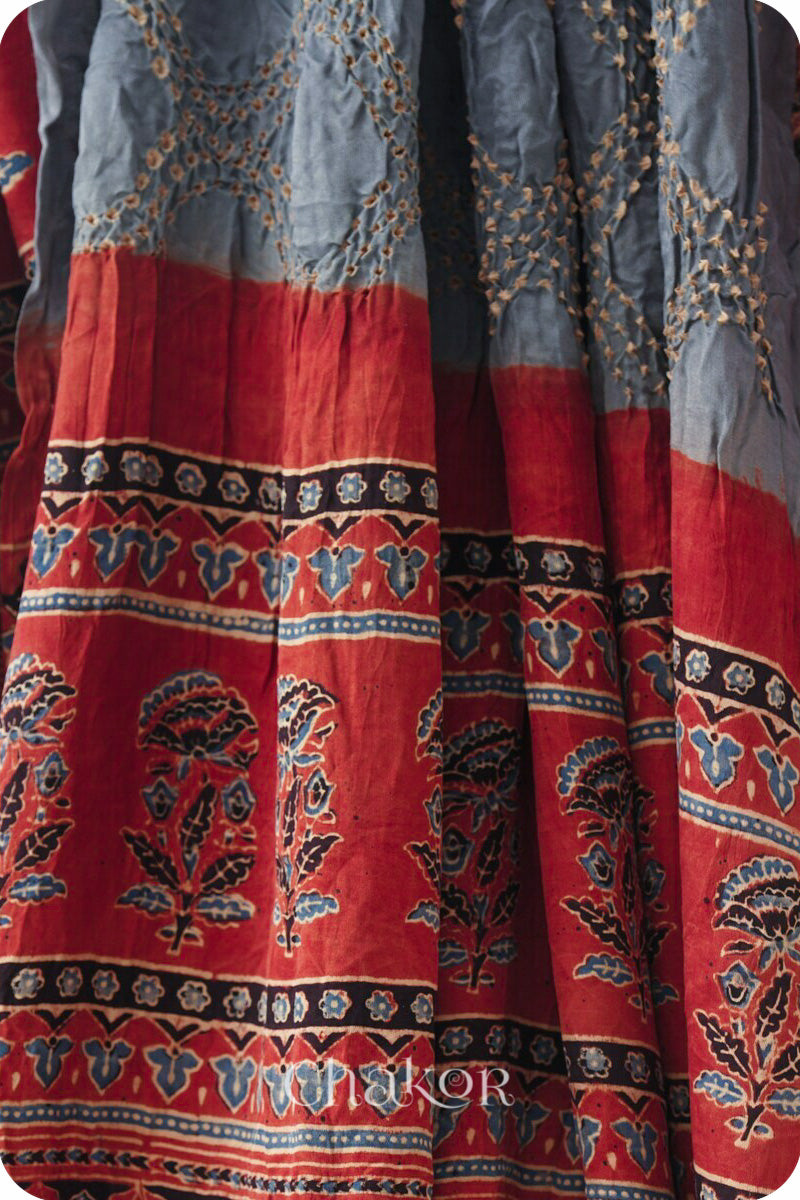 Grey Red Bandhani Ajrakh Gaji Silk Dupatta in Traditional Design for Women's ethnicwear online by Chakor.