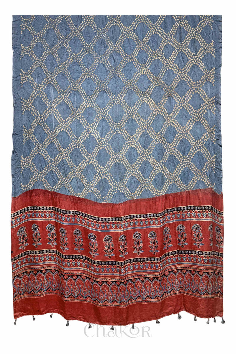 Grey Red Bandhani Ajrakh Gaji Silk Dupatta in Traditional Design for Women's ethnicwear online by Chakor.