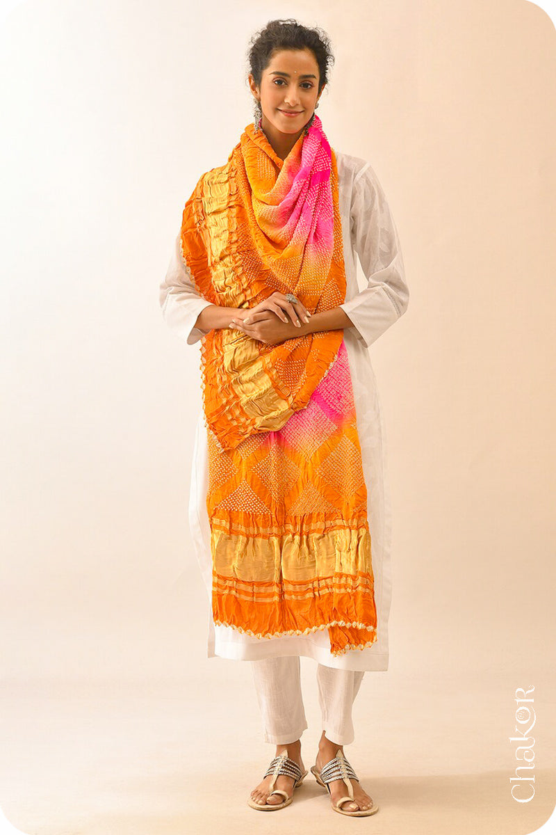 Pink Peach Bandhani Gaji Silk Dupatta