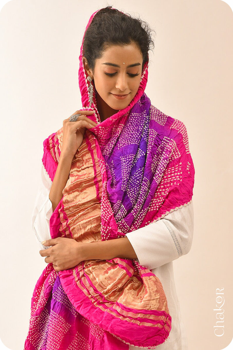 Purple Pink Bandhani Gaji Silk Dupatta