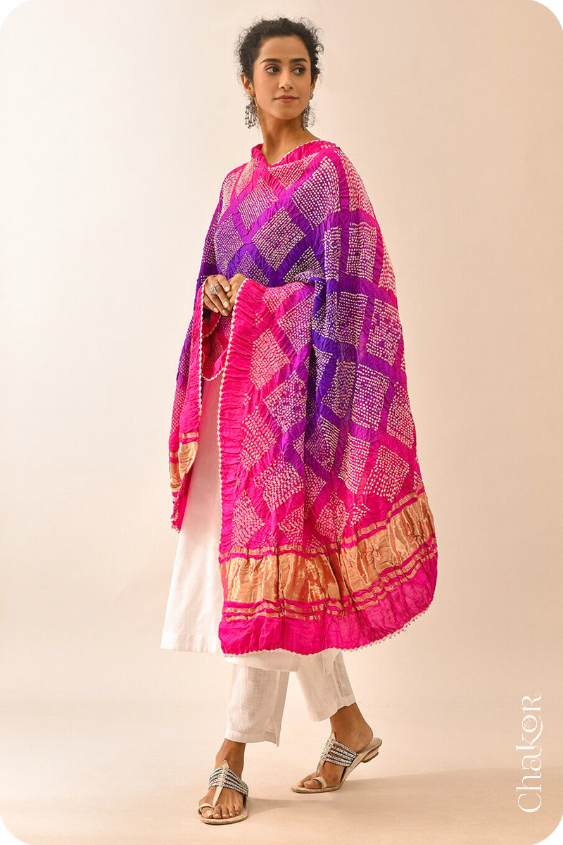 Purple Pink Bandhani Gaji Silk Dupatta