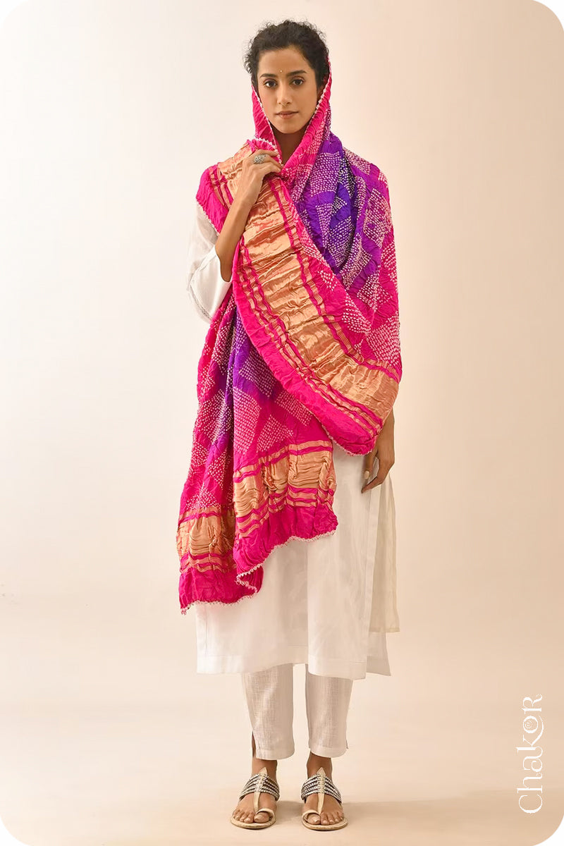 Purple Pink Bandhani Gaji Silk Dupatta