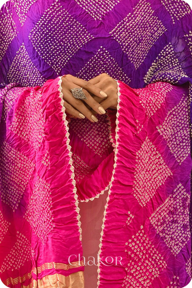 Purple Pink Bandhani Gaji Silk Dupatta