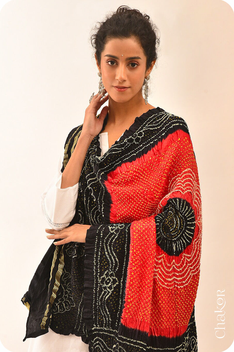 Red Black Bandhani Gaji Silk Dupatta