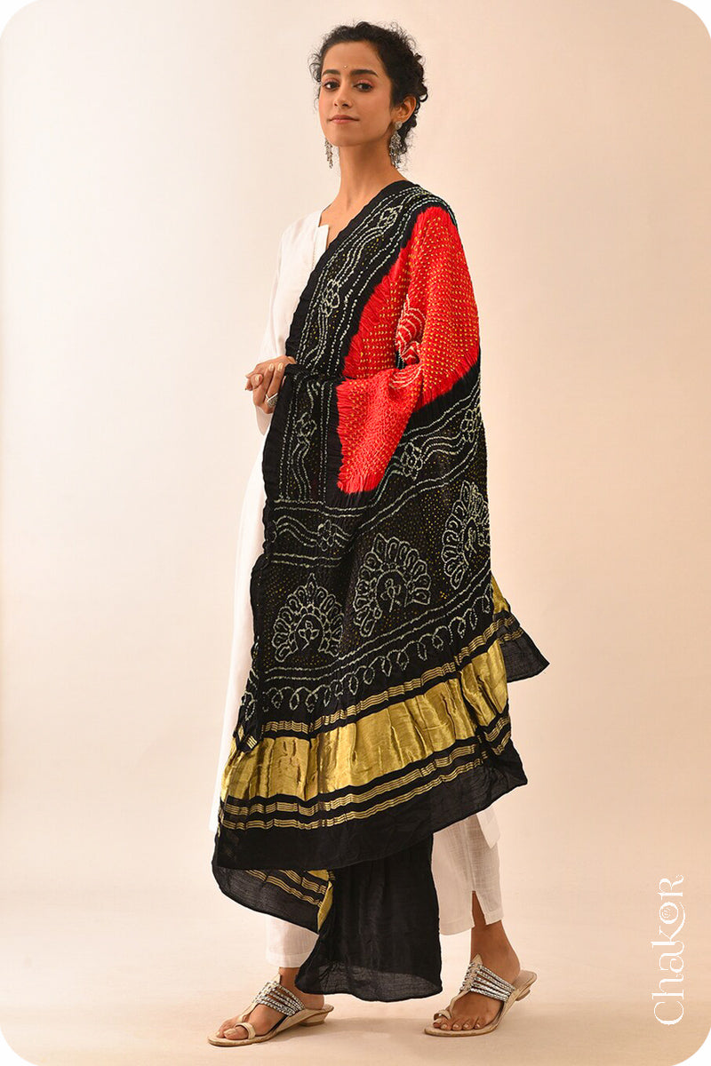 Red Black Bandhani Gaji Silk Dupatta