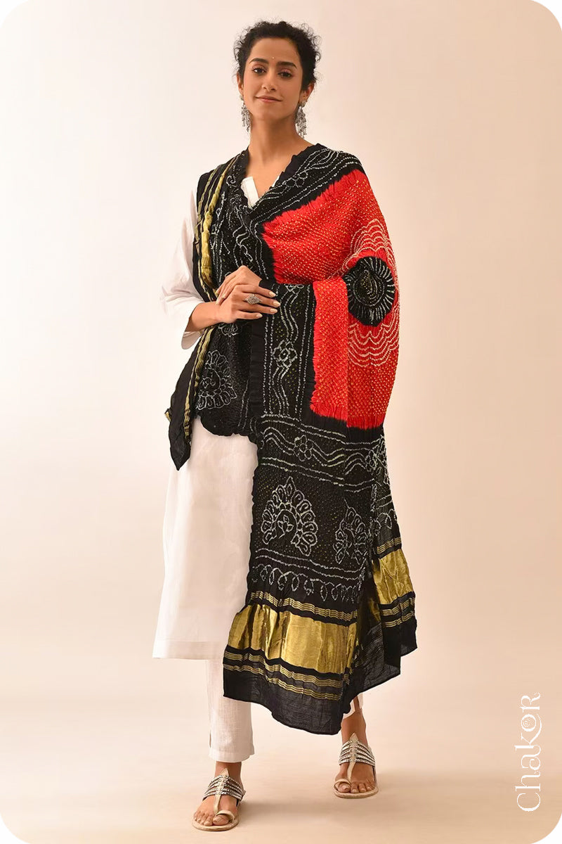 Red Black Bandhani Gaji Silk Dupatta