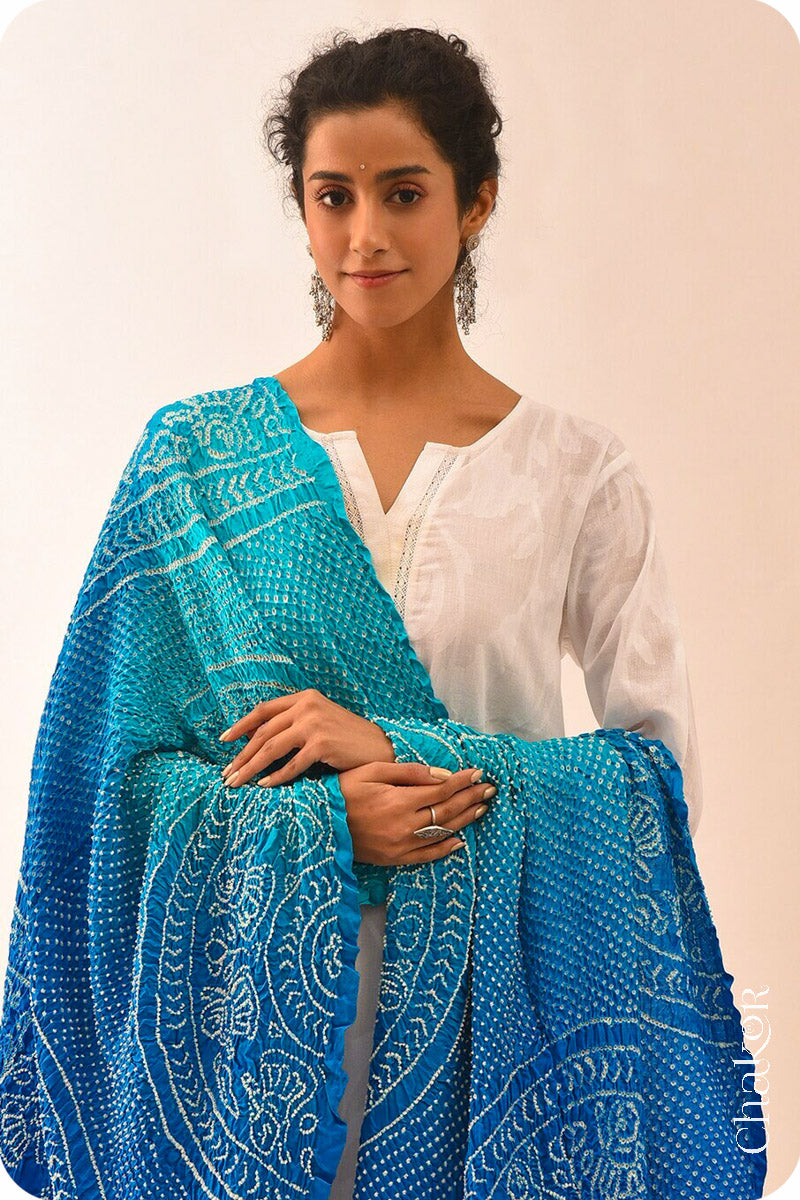 Peacock Blue Bandhani Gaji Silk Dupatta