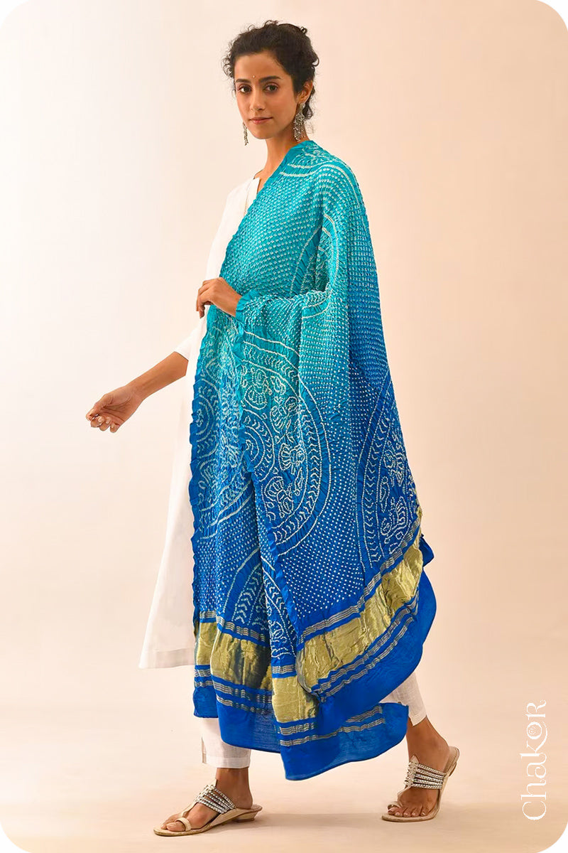 Peacock Blue Bandhani Gaji Silk Dupatta