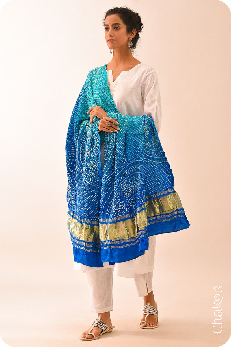 Peacock Blue Bandhani Gaji Silk Dupatta