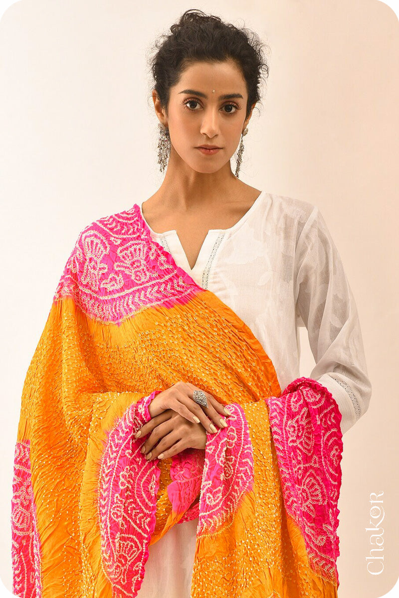 Orange Rani Bandhani Gaji Silk Dupatta