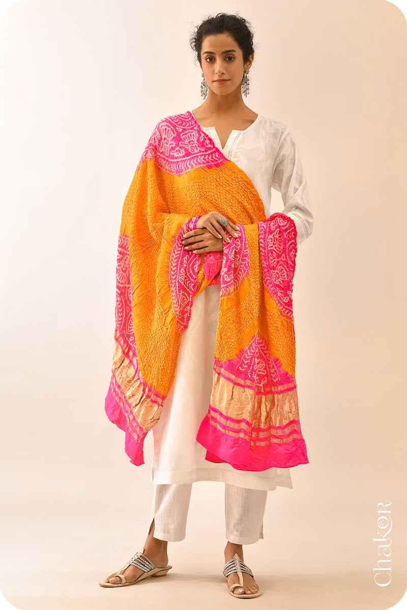 Orange Rani Bandhani Gaji Silk Dupatta