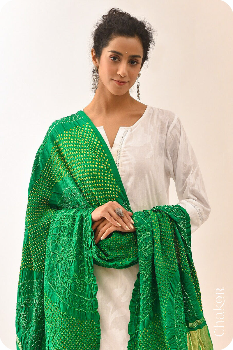 Green Bandhani Gaji Silk Dupatta