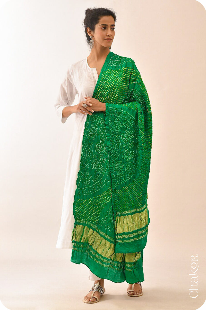 Green Bandhani Gaji Silk Dupatta