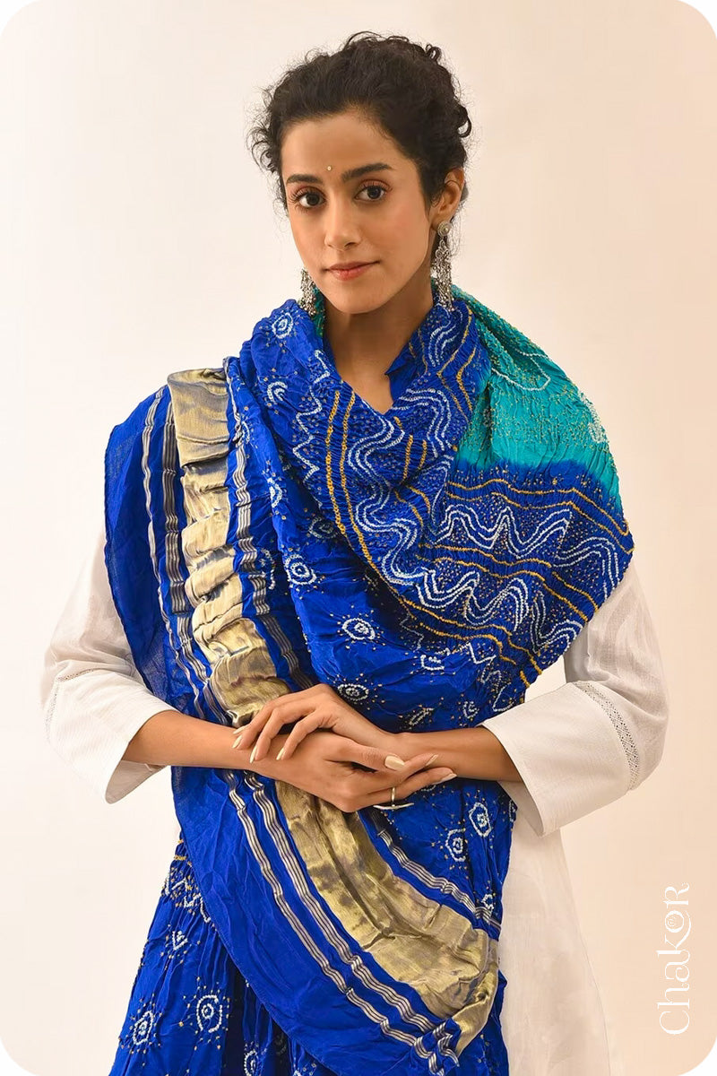 Peacock Blue Bandhani Gaji Silk Dupatta in Traditional Design for Women's ethnicwear online by Chakor.