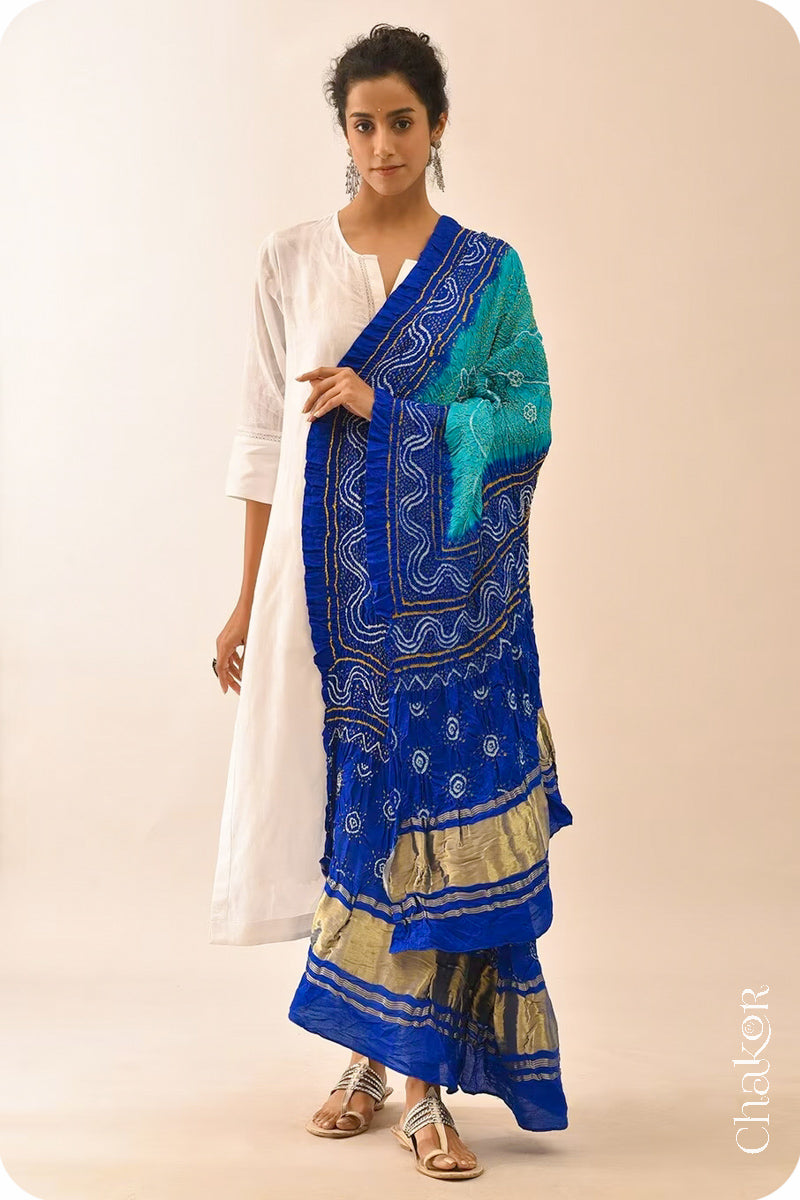 Peacock Blue Bandhani Gaji Silk Dupatta in Traditional Design for Women's ethnicwear online by Chakor.