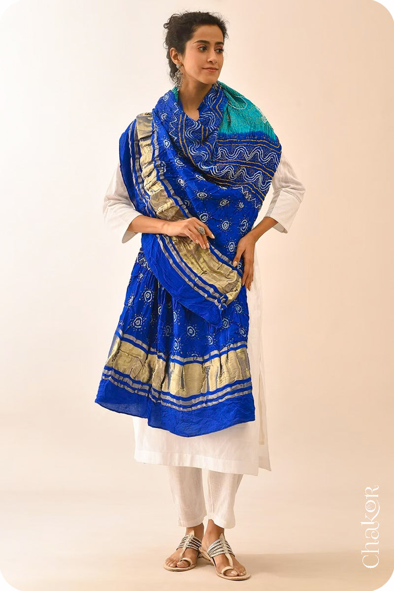 Peacock Blue Bandhani Gaji Silk Dupatta in Traditional Design for Women's ethnicwear online by Chakor.