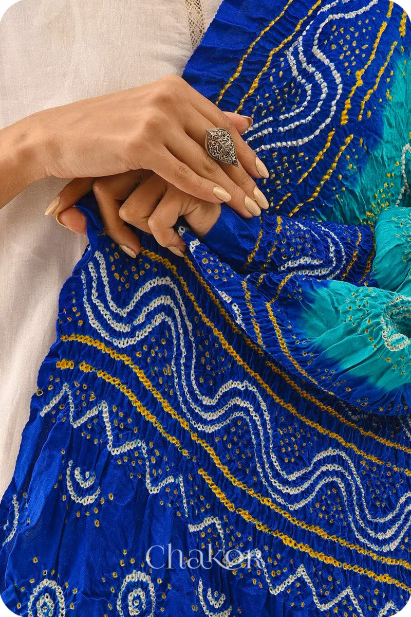 Peacock Blue Bandhani Gaji Silk Dupatta in Traditional Design for Women's ethnicwear online by Chakor.