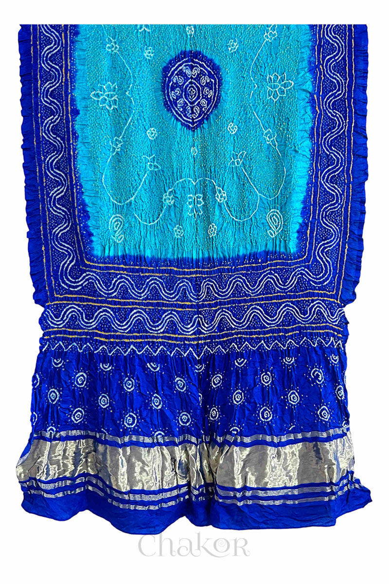 Peacock Blue Bandhani Gaji Silk Dupatta in Traditional Design for Women's ethnicwear online by Chakor.