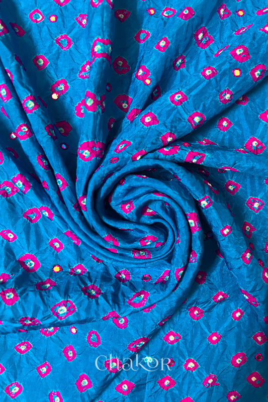 Peacock Blue Bandhani Mulberry Silk Precut Embroiderd Fabric - 3.25 mtrs