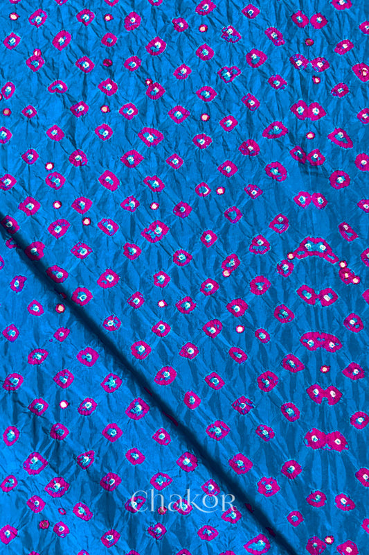 Peacock Blue Bandhani Mulberry Silk Embroidered Blouse Fabric