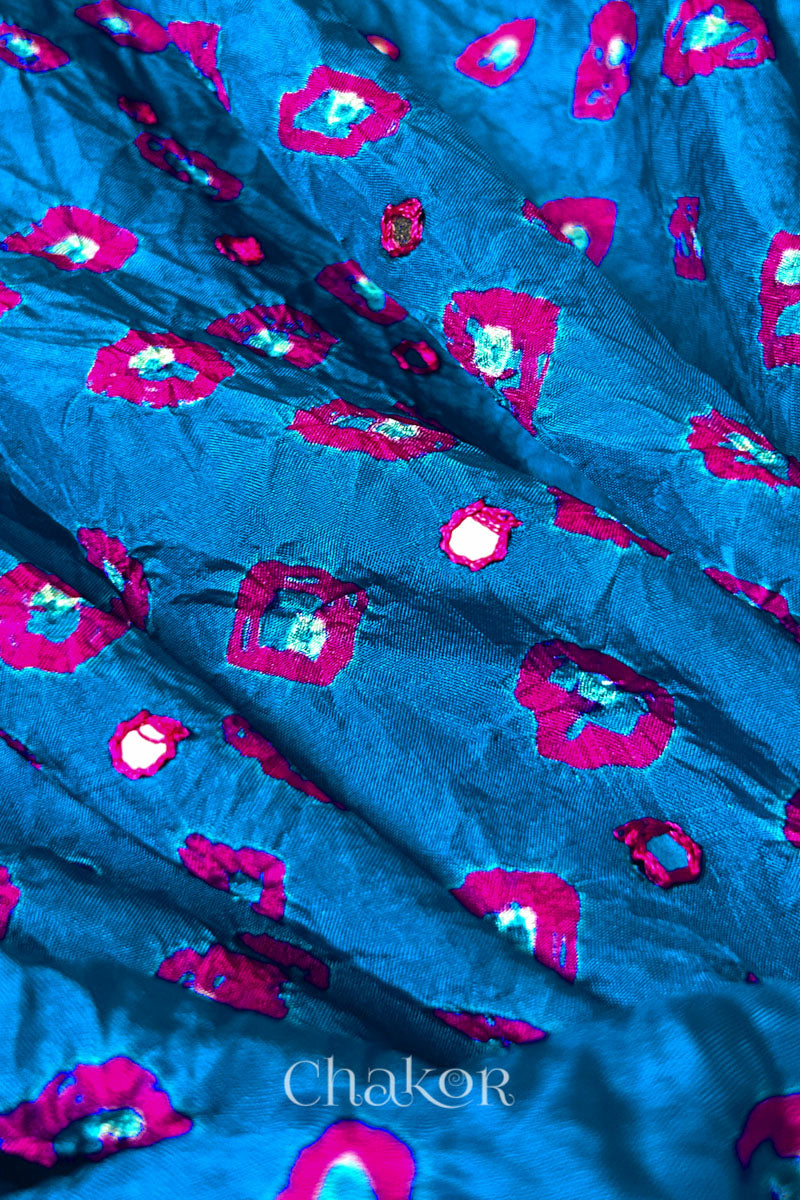 Peacock Blue Bandhani Mulberry Silk Embroidered Blouse Fabric