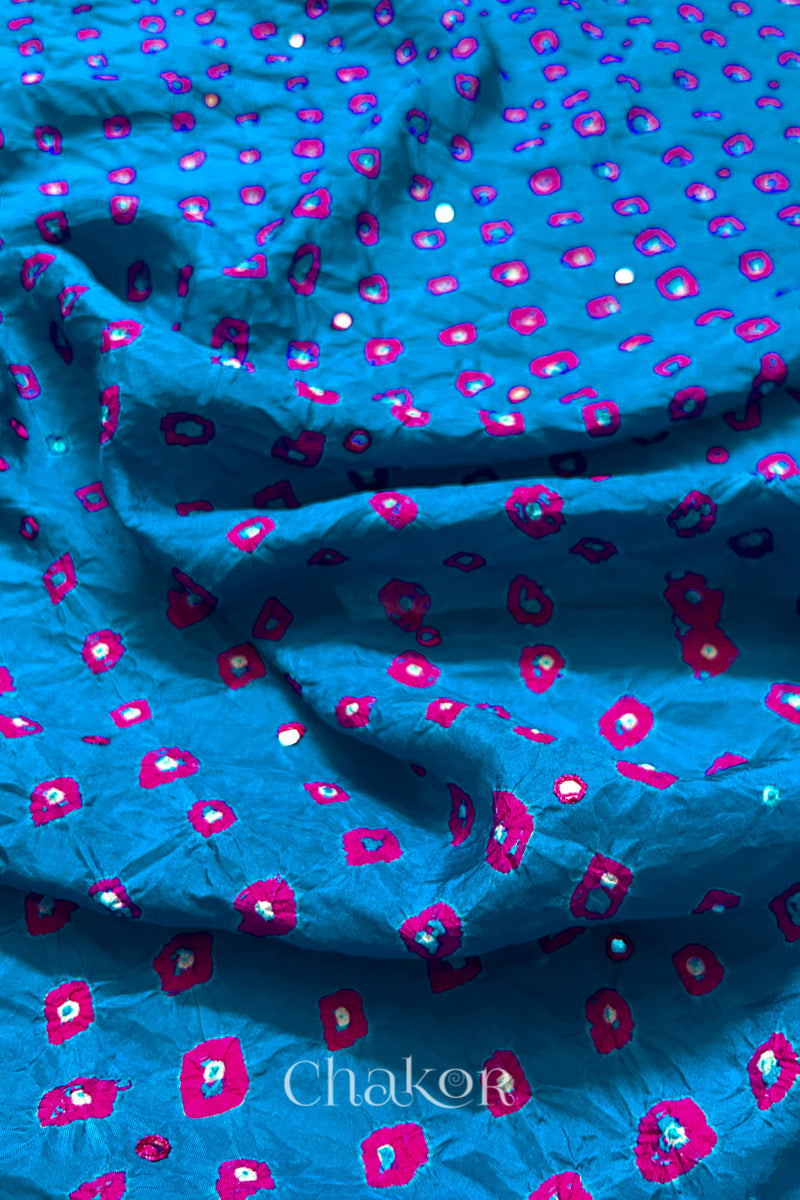 Peacock Blue Bandhani Mulberry Silk Embroidered Blouse Fabric